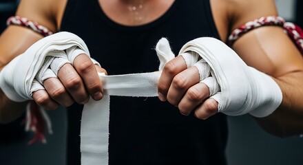 Close up Muay Thai boxer hands wrapping with sport bandages preparing to fight