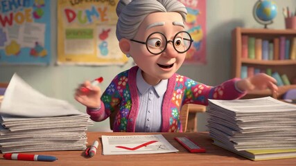 Animated portrait of educator at desk marking papers with colorful outfit