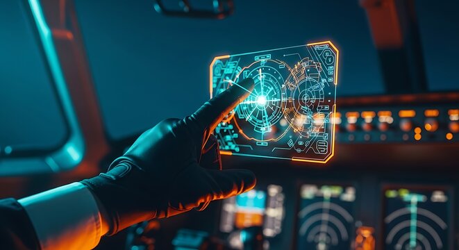 Pilot navigating flight with a holographic display, futuristic cockpit interface