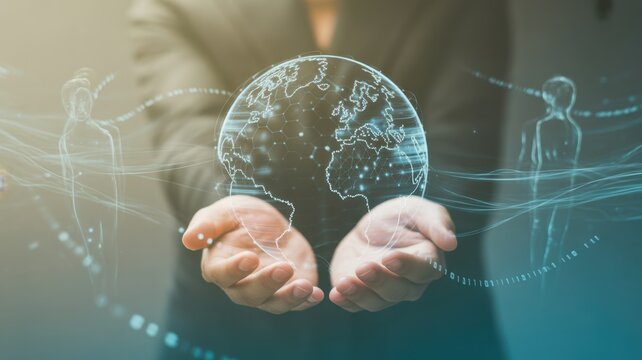 World in Hand: A person's outstretched hands cradle a luminous globe, representing global connectivity, sustainability, and the importance of our planet.
