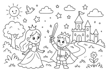 Cute Prince and Princess with Castle and Sun, Fairytale Coloring Page for Kids