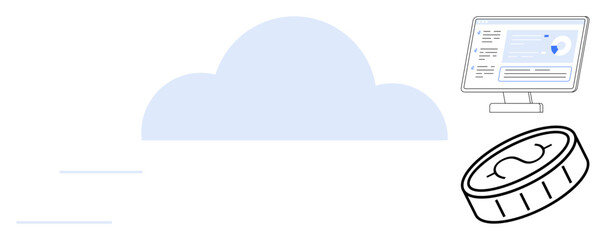 Cloud with digital coin and computer screen displaying data analytics. Ideal for finance, cloud storage, cybersecurity, technology, data visualization, network solutions, simple flat metaphor