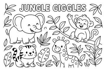 Cute Jungle Animals Coloring Page Elephant, Monkey, Giraffe, Tiger, and Leaves
