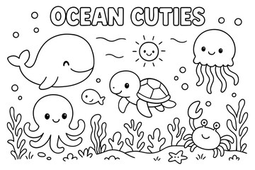Cute Ocean Animals Coloring Page Whale, Turtle, Octopus, Jellyfish, Crab, Fish