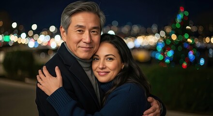 Family embracing for New Years, festive lights and warm new year connection