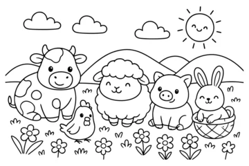 Papier peint photo Ferme Cute Farm Animals Coloring Page Cow, Sheep, Pig, Chicken, Rabbit in Basket  © Aldo
