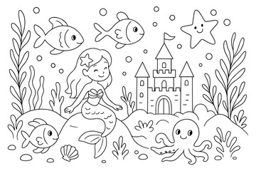 Cute Mermaid Castle Underwater Scene with Fish Octopus Starfish and Seaweed Coloring Page