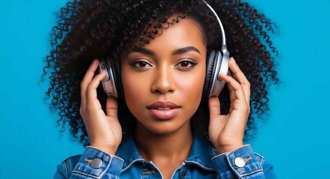 Portrait of attractive African American woman with curly hair wearing stylish denim jacket listening to music in headphones looking at camera isolated on blue background, closeup. Technology concept