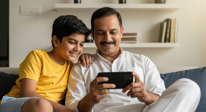 Joyful Indian father and son watching smartphone together.