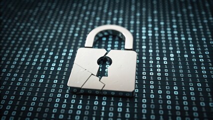 A broken padlock sits on a digital backdrop of binary code, symbolizing data security and vulnerability in technology.
