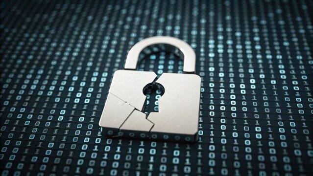 A broken padlock sits on a digital backdrop of binary code, symbolizing data security and vulnerability in technology. - Powered by Adobe