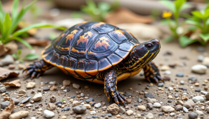 Obraz premium Painted turtle freshwater turtle glossy shell orange markings black carapace yellow stripes small reptile pebbled ground natural habitat closeup