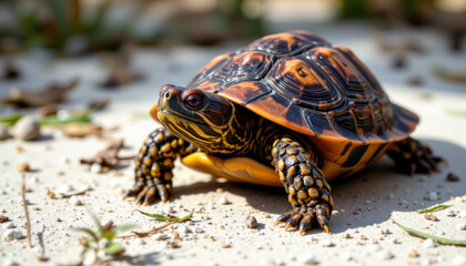 Obraz premium Colorful turtle box turtle terrestrial reptile patterned shell sunlit closeup sandy ground autumn leaves nature wildlife with calm mood