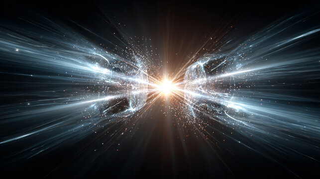 Dynamic light particles colliding in an energetic display, symbolizing motion, power, energy, creation, and the invisible forces shaping the universe in abstract form.
 - Powered by Adobe