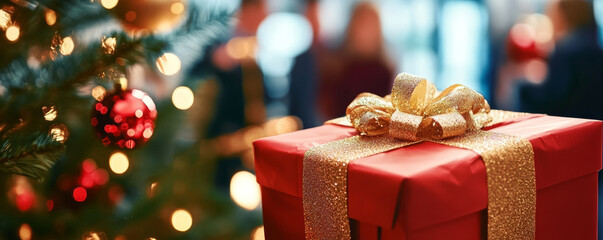 Christmas gift holiday present golden ribbon red box festive bokeh warm lights seasonal decor tree ornament cheerful mood celebration scene