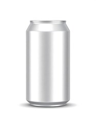 Metallic, cylindrical beverage container, shadow on white background