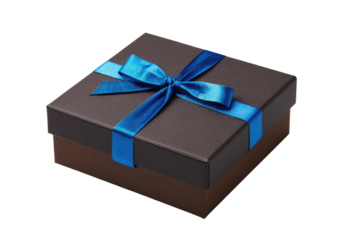 Gift square box, brown base, dark lid, bright blue ribbon