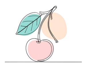 Minimalist line art depicting a single cherry with stem and leaf