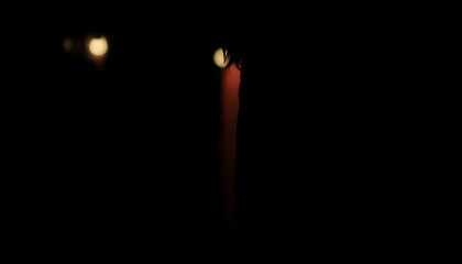 A blurry, elongated, reddish-orange shape against a black background, with two small, indistinct, yellow-toned orbs.