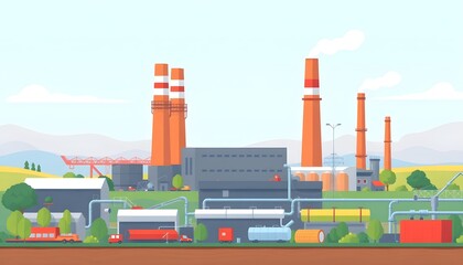 Illustration of an industrial complex with tall smokestacks emitting smoke, set against a backdrop of rolling hills and a clear sky.