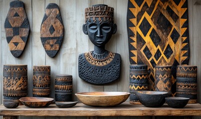 African art, carving geometric patterns, and wood textures used for home decor. Traditional, abstract designs representing culture, craftsmanship, and dynamic shapes in ethnic, Generative AI