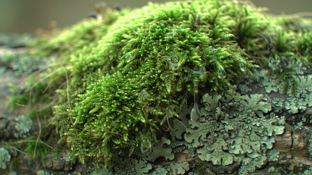 Lush Moss and Lichen on a Tree Trunk in Close-Up.