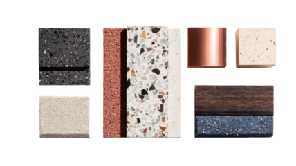 Material swatches show textures granite, wood, copper, and stone