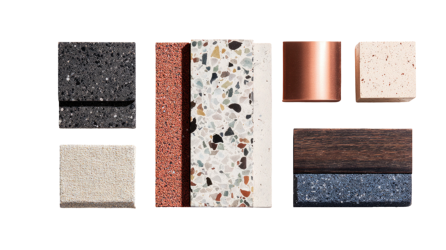 Material swatches show textures granite, wood, copper, and stone