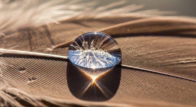 Dewdrop capturing the intricate structure of a feather creating a reflective macro scene