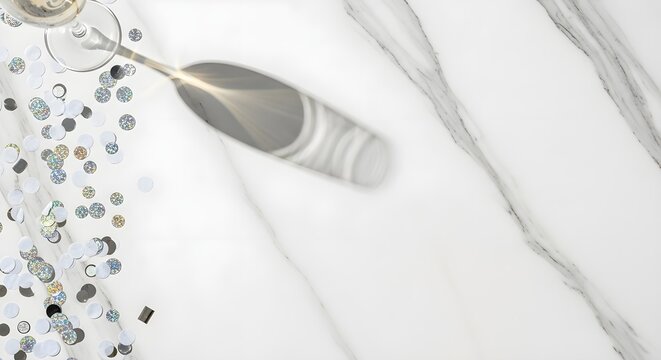 Celebratory champagne with confetti on a white marble background