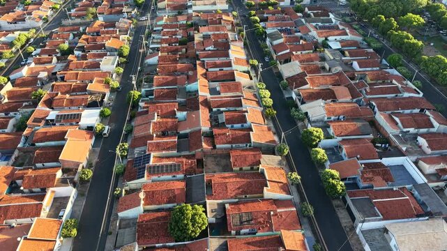 Aereal view aerial view shows dense residential area with terracotta tile roofs