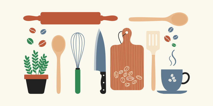 A charming flat lay illustration showcasing a delightful array of essential kitchen tools, baking equipment, and fresh ingredients, perfect for home cooking and culinary creativity