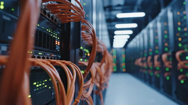Close-up view of server racks with orange network cables connected in a data center with rows of equipment in the background