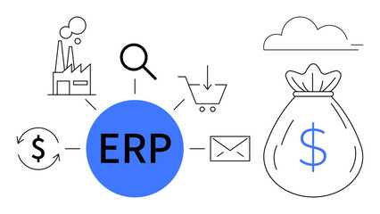 ERP central node linking factory, magnifying glass, shopping cart, return flow, mail, and money bag. Ideal for management, commerce, finance communication technology efficiency simple flat