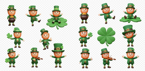 A collection of 3D cartoon leprechauns in various poses, celebrating St. Patrick's Day with clovers, a pot of gold, and a violin.