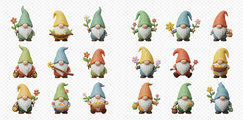 Collection of 18 cute 3D rendered garden gnomes with colorful hats and flowers on a transparent background.