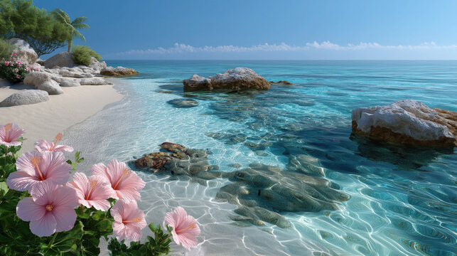 Serene beach scene featuring clear turquoise water, gentle waves, and vibrant pink flowers foreground. tranquil ocean reflects blue sky - Powered by Adobe