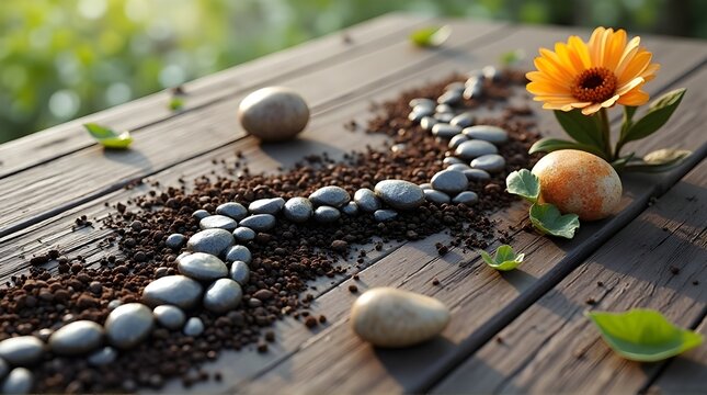 Serene arrangement of smooth stones and a vibrant orange flower on weathered wooden planks, evoking peace and natural harmony for wellness and mindfulness content.
