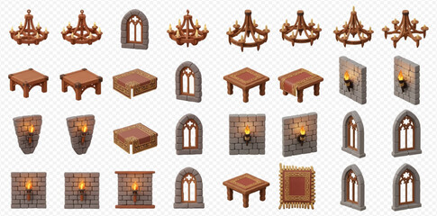 Isometric medieval fantasy game assets featuring chandeliers, tables, boxes, wall torches, and gothic windows.
