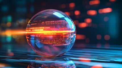 Light pulse traveling through a transparent data sphere with glowing circuits digital streams futuristic technology concept abstract visualization of information flow and connectivity