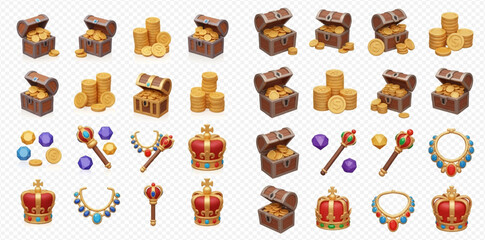 A collection of isometric 3D rendered fantasy game assets including treasure chests, gold coins, royal crowns, scepters, and jeweled necklaces on a transparent background.