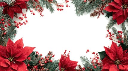 Christmas decoration frame with red poinsettia, fir branches and red berries on white