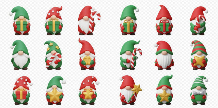 A collection of 3D rendered Christmas gnomes with red and green hats, holding festive items like gifts, candy canes, and stars, on a transparent background.