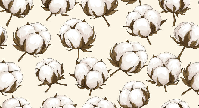 A seamless vector pattern of natural cotton bolls with fluffy white fibers and brown calyxes on a soft cream background, perfect for textile design and fabric prints.