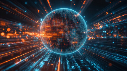 Light pulse traveling through a transparent data sphere with glowing circuits digital streams futuristic technology concept abstract visualization of information flow and connectivity