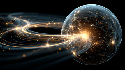 Light pulse traveling through a transparent data sphere with glowing circuits digital streams futuristic technology concept abstract visualization of information flow and connectivity