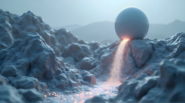 Mysterious glowing sphere cascades sparkling particles onto alien rocky terrain under hazy sky, creating a surreal, otherworldly landscape ideal for sci-fi or conceptual projects. - Powered by Adobe