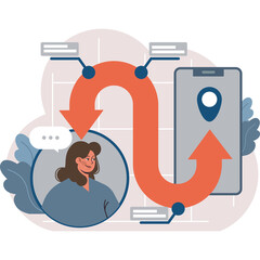 Abstract Graphic of a Woman with a Path Line and Phone Screen Showing Navigation Route and Communication Bubbles with Light Pink Background and Blue Accents