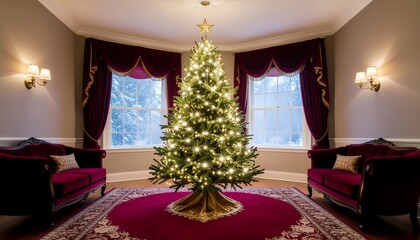 Festive Christmas Tree Decorated with Lights in Elegant Living Room