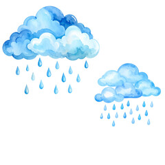 Blue cartoon cloud icon with rain symbol on white background